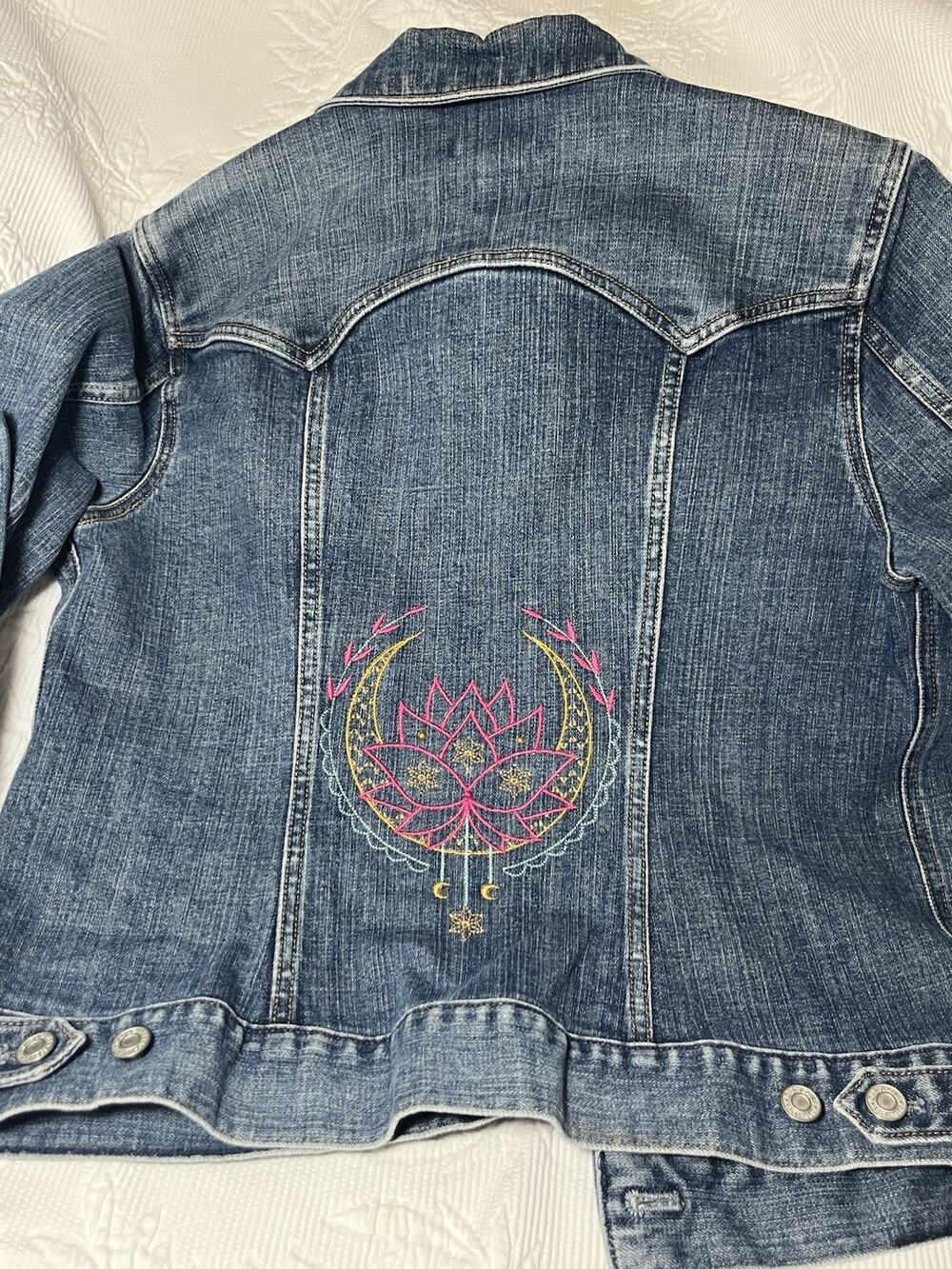 Custom Embroidered Denim Jacket Upcycled GAP Large Boho Mandala Lotus